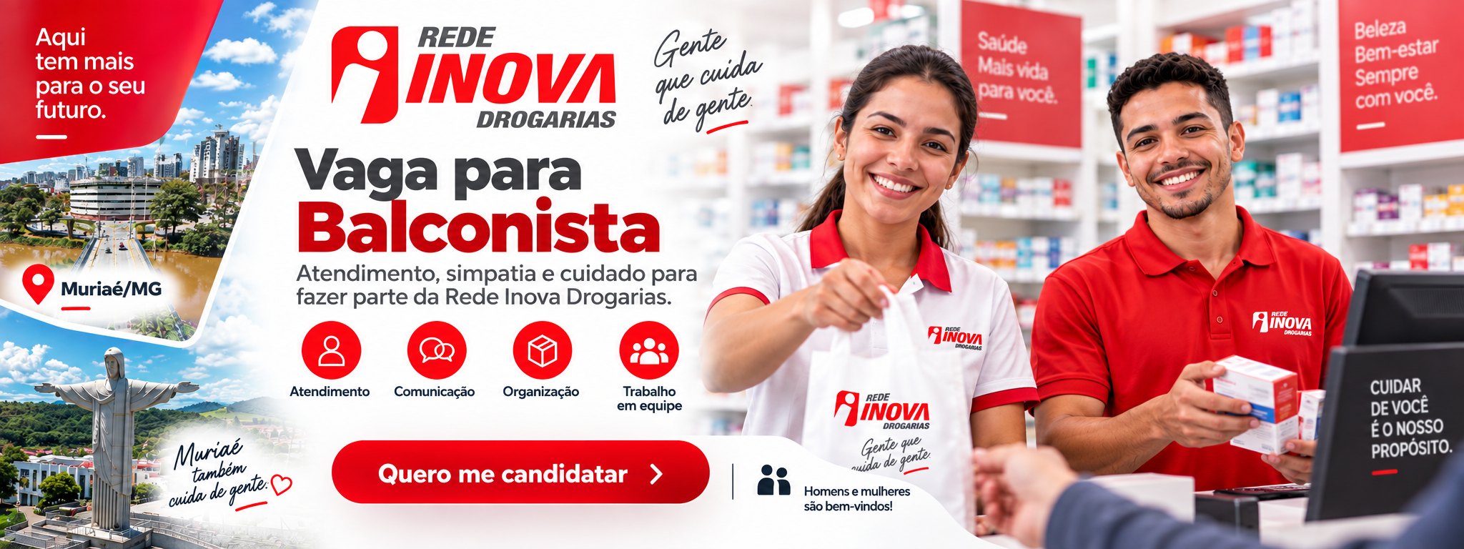 Vaga para Balconista na Rede Inova Drogarias em Muriaé: atendimento, simpatia e cuidado.