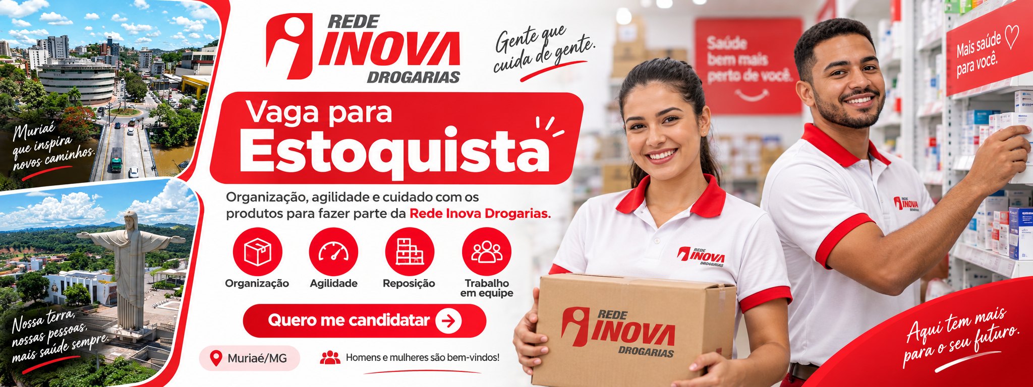 Vaga para Estoquista na Rede Inova Drogarias em Muriaé: organização, agilidade e reposição.